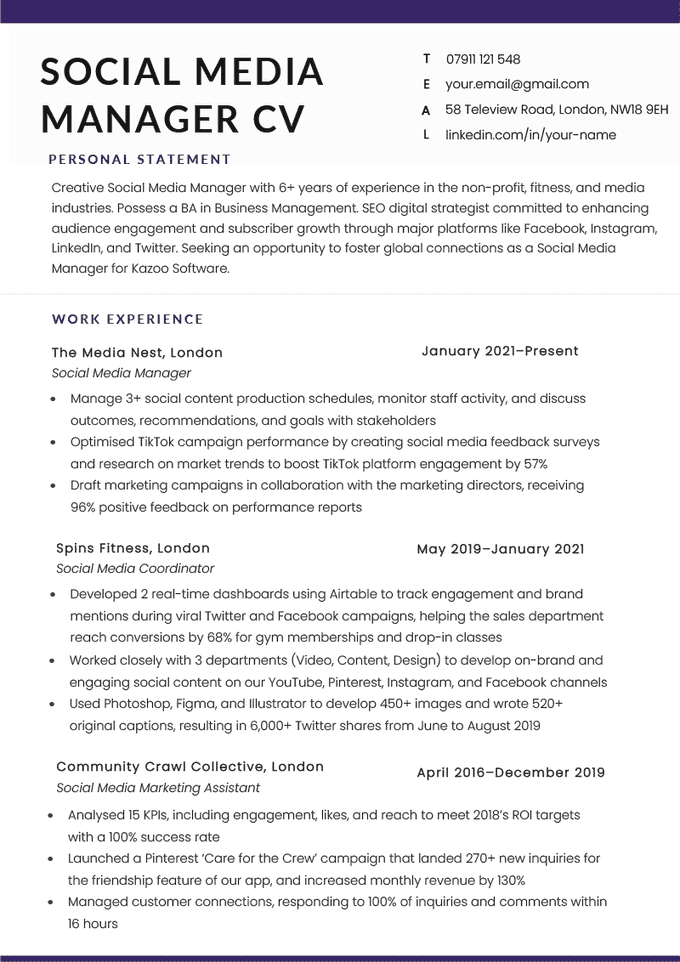Social media manager CV example