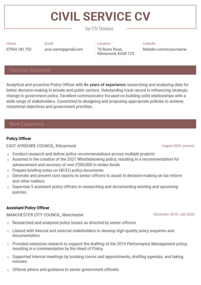 The first page of a civil service CV example with maroon headers and sections for the applicant's contact information, personal statement, and work experience