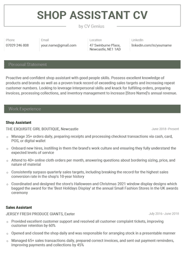 The first page of a shop assistant CV example with a bold header and sections for the applicant's contact information, personal statement, and work experience