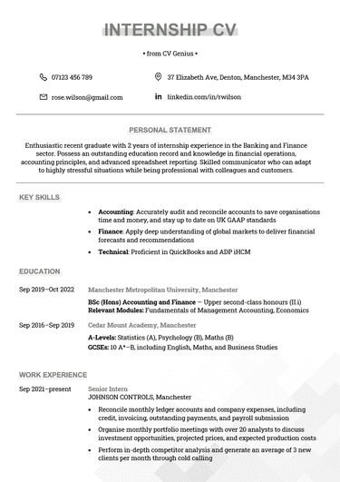 The first page of an internship CV example with green headings and sections for the applicant's personal statement, key skills, education, and work experience