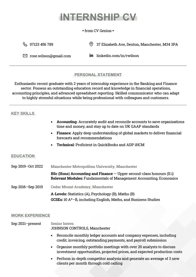 The first page of an internship CV example with green headings and sections for the applicant's personal statement, key skills, education, and work experience