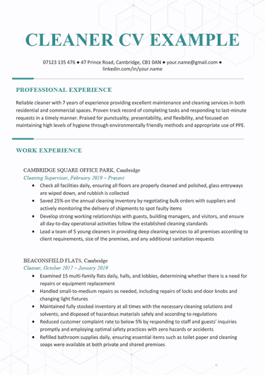 A two-page CV sample for a cleaner candidate. This cleaner CV example features three work experience entries, a comprehensive CV personal statement, and lists of skill and hobbies and interests.