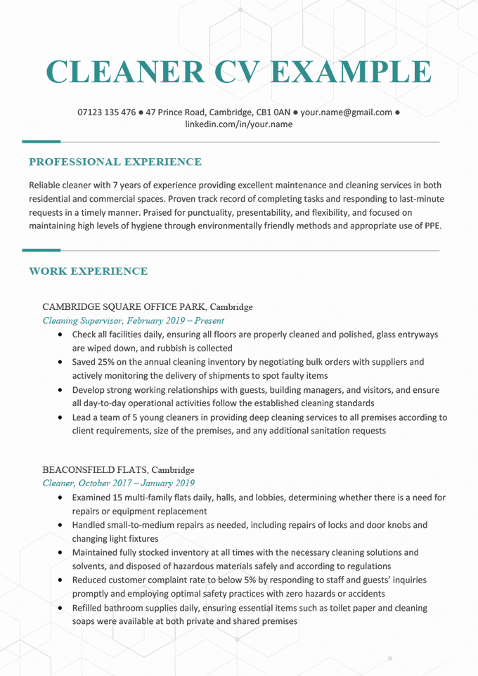 A two-page CV sample for a cleaner candidate. This cleaner CV example features three work experience entries, a comprehensive CV personal statement, and lists of skill and hobbies and interests.