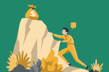 A graphic showing a man climbing a mountain to get to a bag with a dollar sign on it