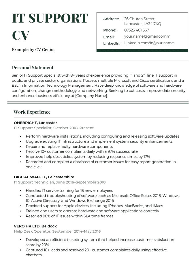 The first page of an IT support CV example with green header text and sections for the applicant's contact information, personal statement, and work experience