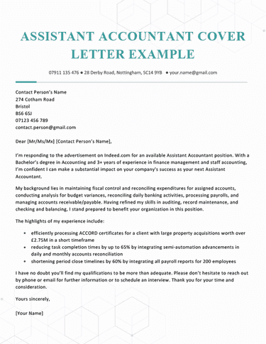 An assistant accountant cover letter example on a template with teal blue headers to highlight the applicant's top qualifications throughout their opening, body, and closing paragraph sections