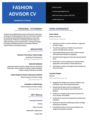 a fashion cv example