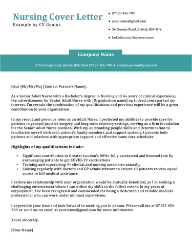 A nursing cover letter example on a template with a teal blue header for the applicant's name and company's contact information