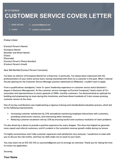 An example of a customer service cover letter