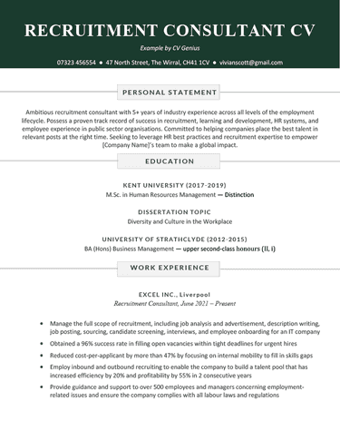 A recruitment consultant CV with a bold green header to make the name stand out