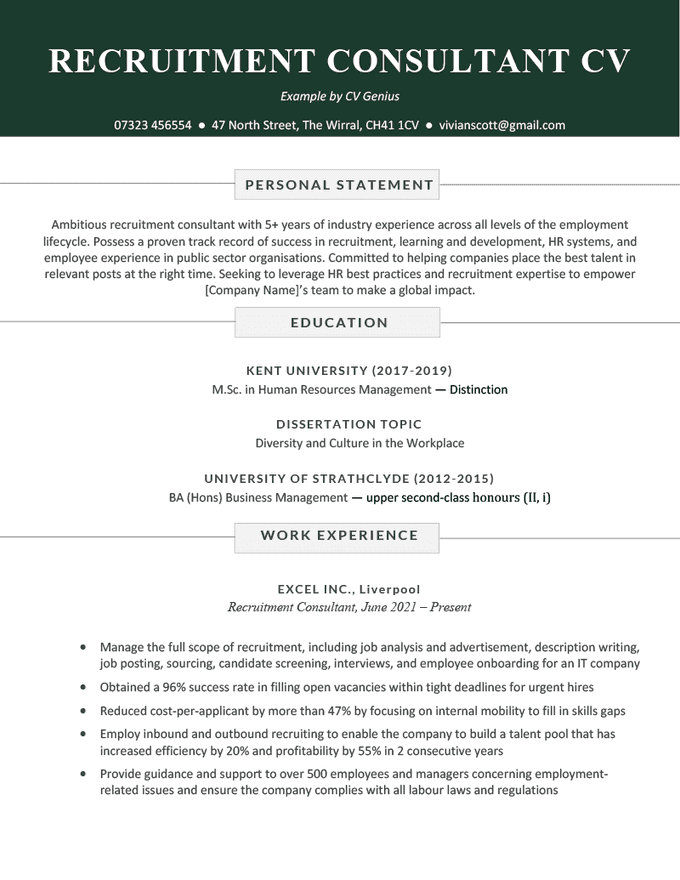 A recruitment consultant CV with a bold green header to make the name stand out