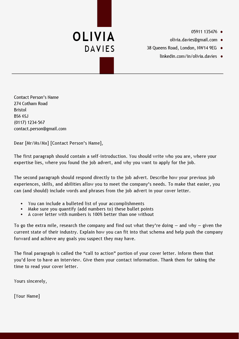 Cover Letter Template for UK: Metropolitan, Burgundy