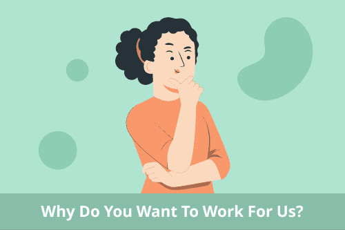 A cartoon image of a person in a green shirt with a thought bubble filled with gears to illustrate a blog post about the interview question 'Why do you want to work for us?'