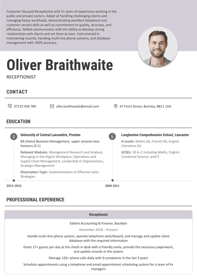 Violet version of the Lagan CV template
