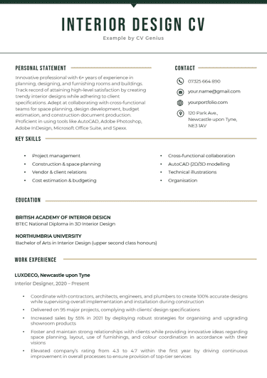 An example of a professional interior design CV on a white and dark green template that effectively highlights the candidate's name, skills, and work experience