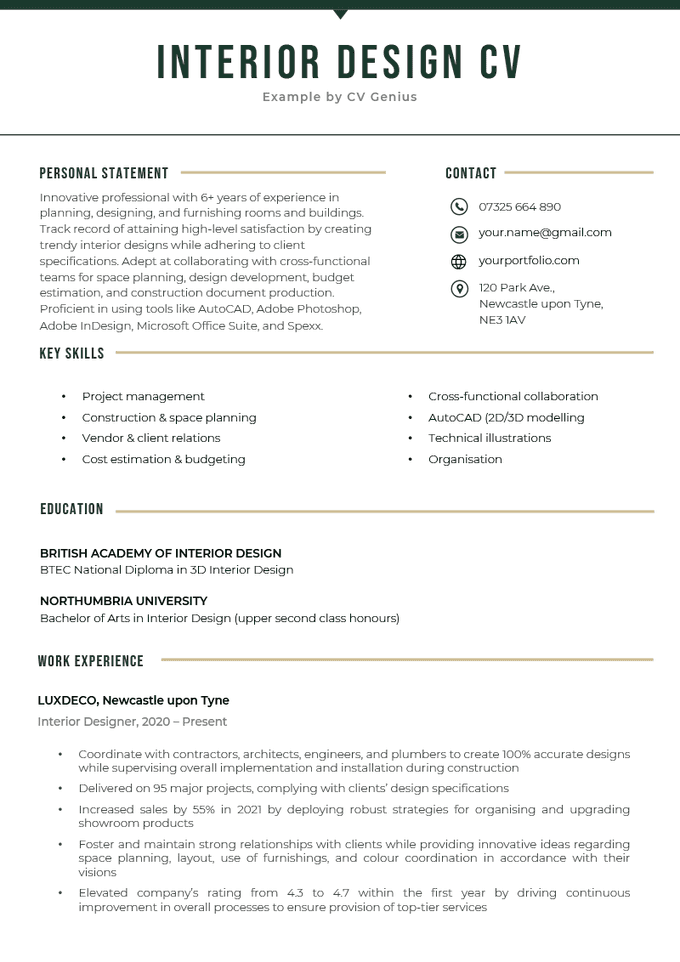 An example of a professional interior design CV on a white and dark green template that effectively highlights the candidate's name, skills, and work experience