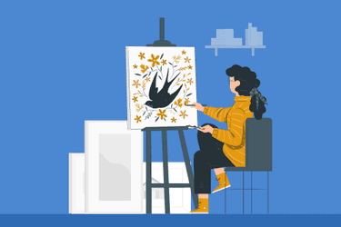 An illustration representing personal hobbies and interests that shows a woman in a yellow sweater painting a picture against a blue background