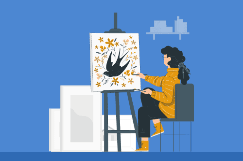 An illustration representing personal hobbies and interests that shows a woman in a yellow sweater painting a picture against a blue background