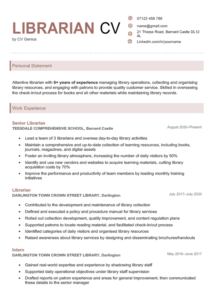 A librarian CV example