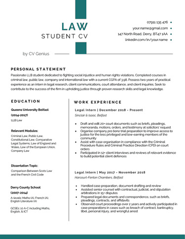 An example of a law student CV with a bold header and a layout that highlights the candidate's legal knowledge and relevant skills