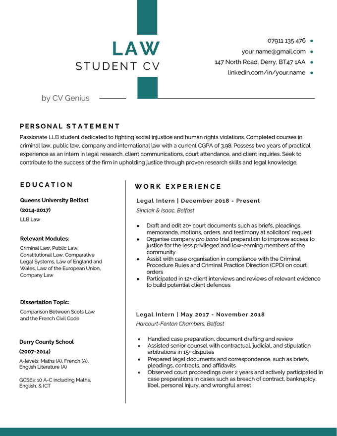 An example of a law student CV with a bold header and a layout that highlights the candidate's legal knowledge and relevant skills
