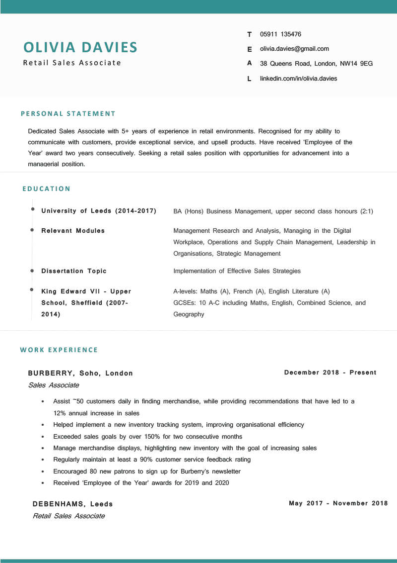 The Cambridge CV Template in blue