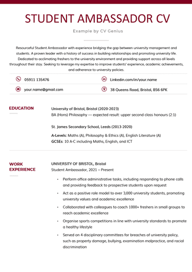 An example of a well-formatted student ambassador CV example using a burgundy color scheme and emphasising the candidate's education