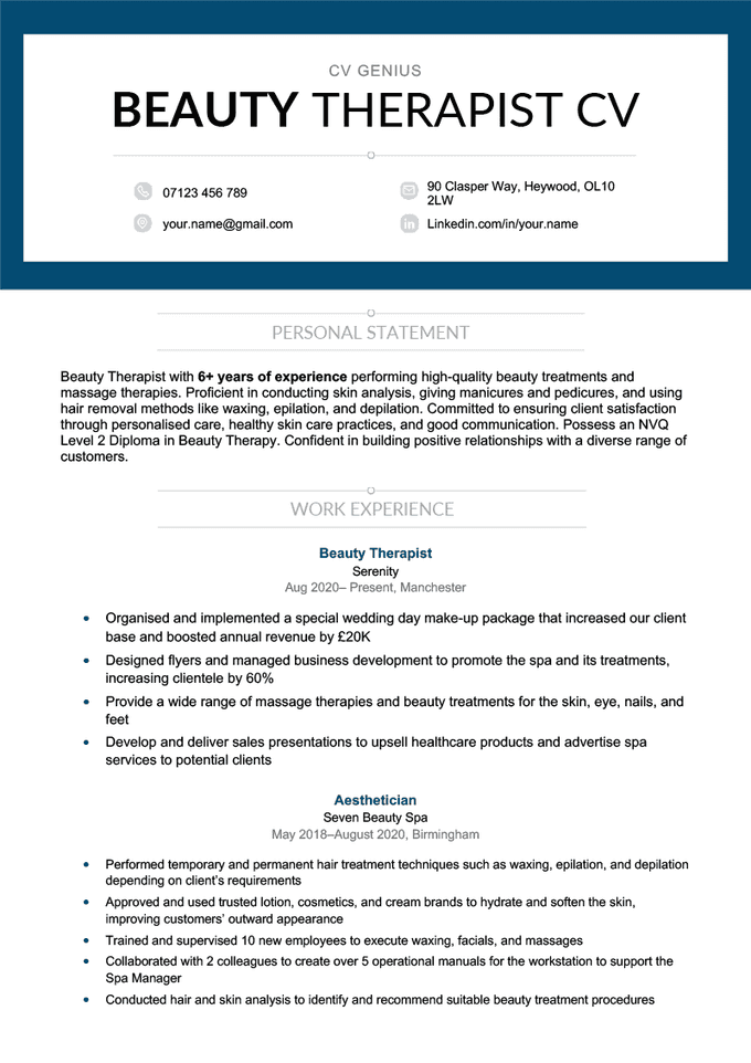 The first page of a beauty therapist CV sample with a professionally designed header and sections for the applicant's personal statement and work experience. This is what a good CV looks like in 2023.