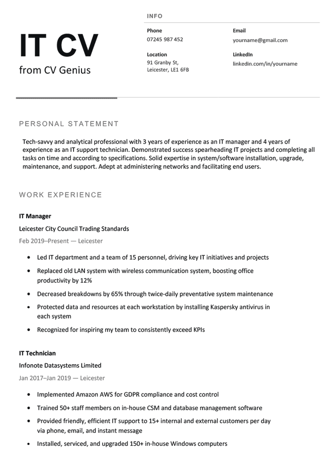 An IT CV example with bold text on the left side of the header for the applicant's name, a spot for the applicant's contact information on the right side of the header, and sections for the applicant's personal statement, work experience, education, key skills, and hobbies & interests